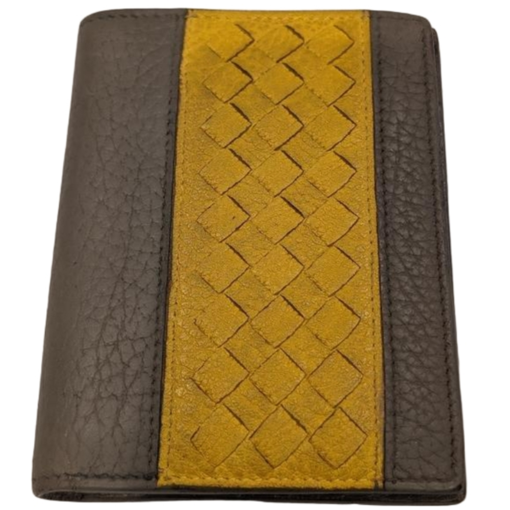Bottega Veneta Men's Taupe Leather Wallet with Mustard Yellow Intrecciato Detail